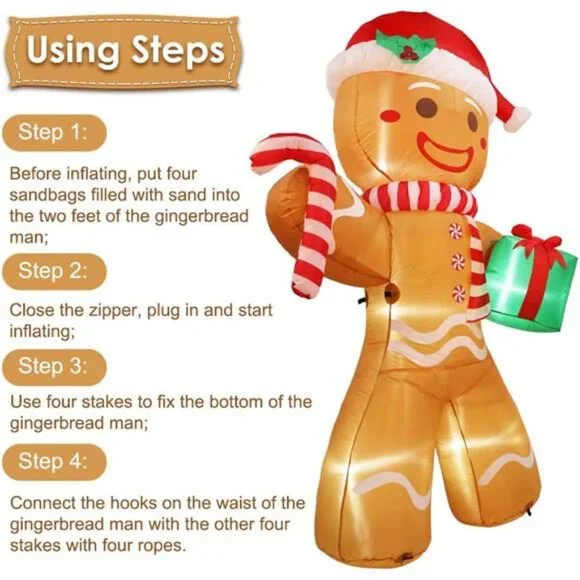 8ft Christmas Inflatable Gingerbread Man, Christmas Blow Up Yard Decorations
